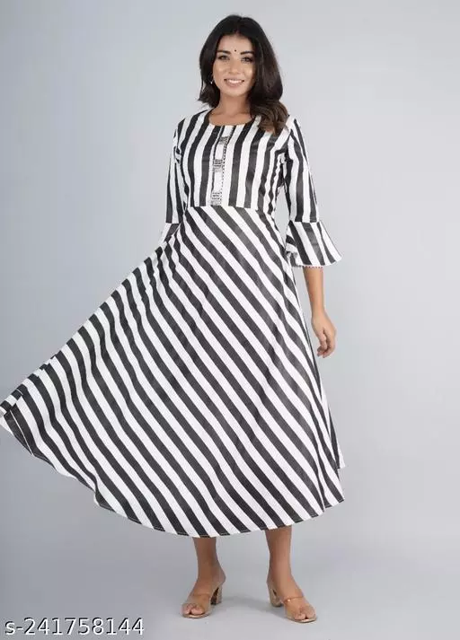 Jahida Premium White Rayon Strip Black Printed Long Anarkali Gown For ...